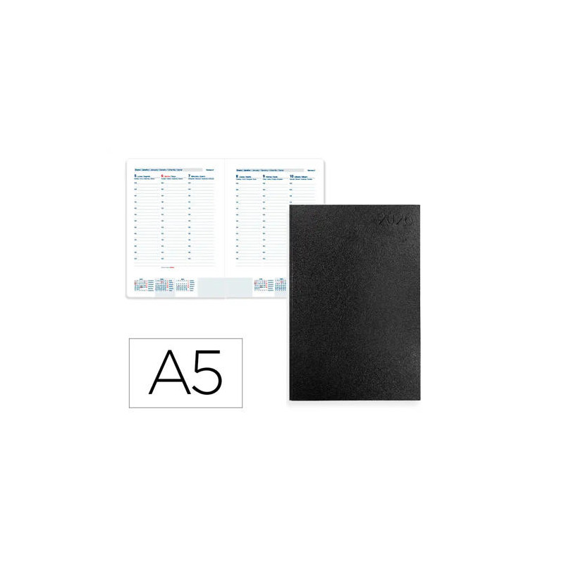 AGENDA ENCUADERNADA LIDERPAPEL CORFU A5 2026 SEMANA VISTA NEGRO PAPEL 60 GR