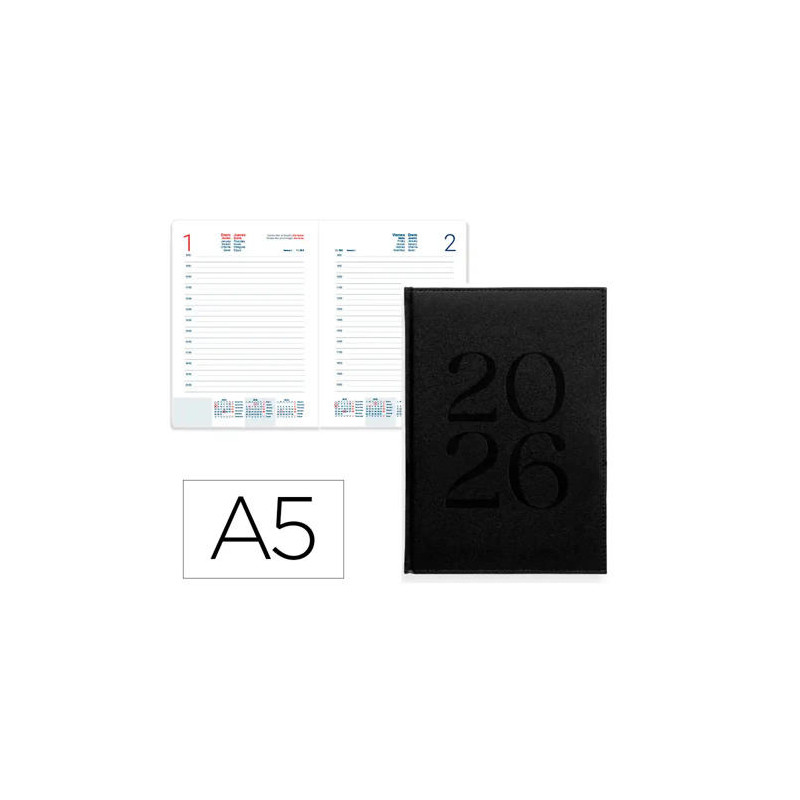 AGENDA ENCUADERNADA LIDERPAPEL CRETA 150X210 MM 2026 DIA PAGINA NEGRO PAPEL 70 GR