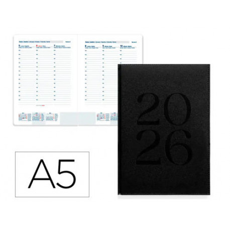 AGENDA ENCUADERNADA LIDERPAPEL CRETA 150X210 MM 2026 SEMANA VISTA NEGRO PAPEL 70 GR