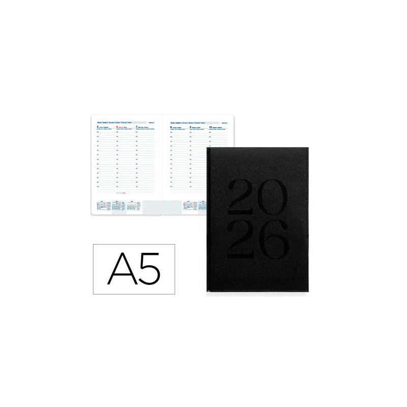 AGENDA ENCUADERNADA LIDERPAPEL CRETA 150X210 MM 2026 SEMANA VISTA NEGRO PAPEL 70 GR