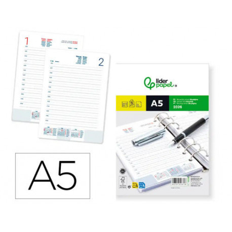 RECAMBIO AGENDA ANILLAS LIDERPAPEL 148X205 MM DIN A5 2026 DIA PAGINA PAPEL 70 GR RECAMBIO AGENDA ANILLAS LIDERPAPEL 148X205 MM DIN A5 2026 DIA PAGINA PAPEL 70 GR