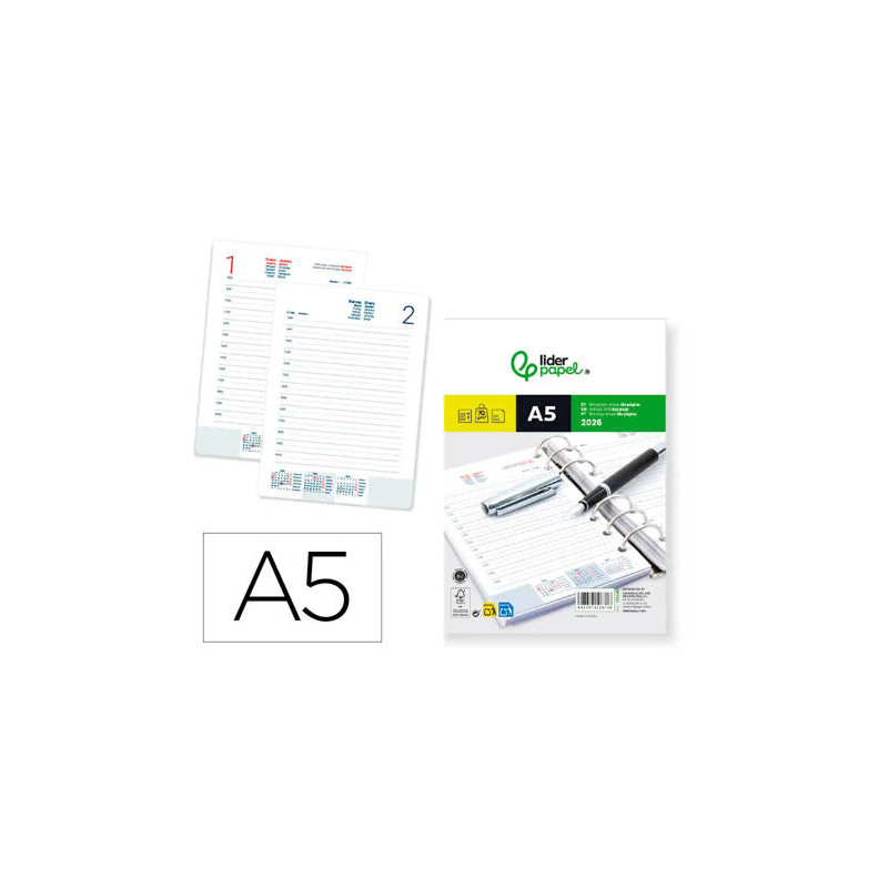 RECAMBIO AGENDA ANILLAS LIDERPAPEL 148X205 MM DIN A5 2026 DIA PAGINA PAPEL 70 GR