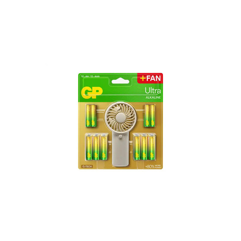 PILA GP ULTRA ALCALINA BLISTER DE 12 UNIDADES AA + 12 UNIDADES AAA + VENTILADOR DE MANO