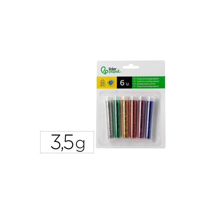 PURPURINA LIDERPAPEL BIODEGRADABLE FANTASIA BOTE DE 3,5 GR COLORES METALICOS SURTIDOS BLISTER DE 6