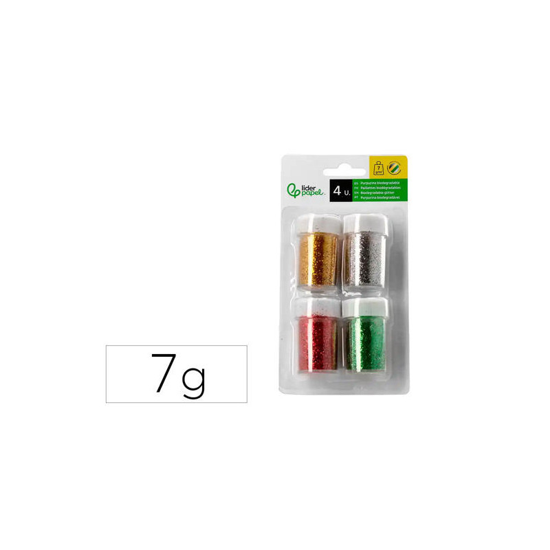 PURPURINA LIDERPAPEL BIODEGRADABLE FANTASIA BOTE DE 7 GR COLORES METALICOS SURTIDOS BLISTER DE 4