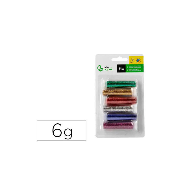 PURPURINA LIDERPAPEL BIODEGRADABLE FANTASIA BOTE DE 6 GR COLORES METALICOS SURTIDOS BLISTER DE 6