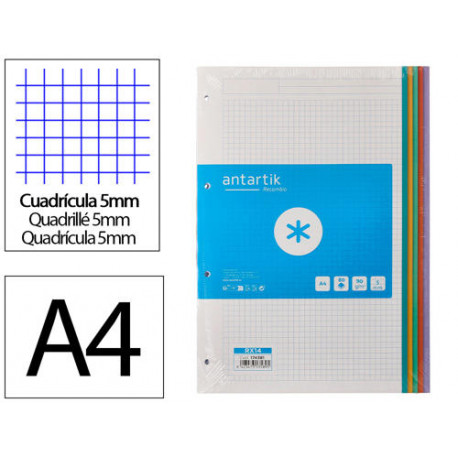 RECAMBIO A4 ANTARTIK 80 HOJAS 90G/M2 CUADRO 5 MM 4 TALADROS BANDAS DE 5 COLORES PASTELES RECAMBIO A4 ANTARTIK 80 HOJAS 90G/M2 CUADRO 5 MM 4 TALADROS BANDAS DE 5 COLORES PASTELES