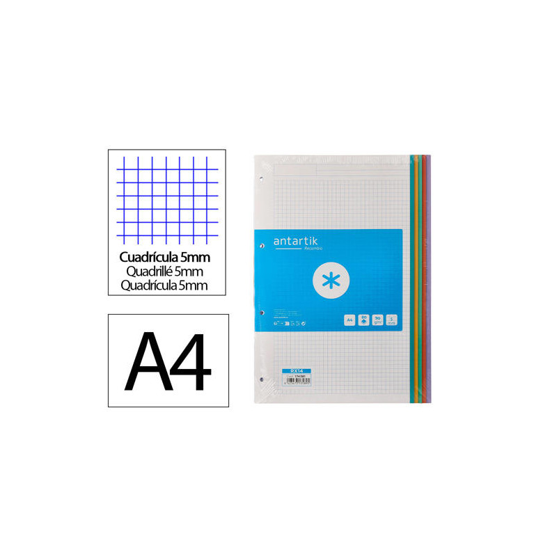 RECAMBIO A4 ANTARTIK 80 HOJAS 90G/M2 CUADRO 5 MM 4 TALADROS BANDAS DE 5 COLORES PASTELES