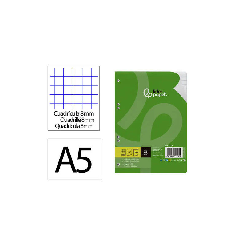 RECAMBIO LIDERPAPEL DIN A5 100 HOJAS 75 GR CUADRO 8MM CON MARGEN 6 TALADROS