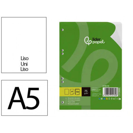 RECAMBIO LIDERPAPEL DIN A5 100 HOJAS 75 GR LISO SIN MARGEN 6 TALADROS RECAMBIO LIDERPAPEL DIN A5 100 HOJAS 75 GR LISO SIN MARGEN 6 TALADROS