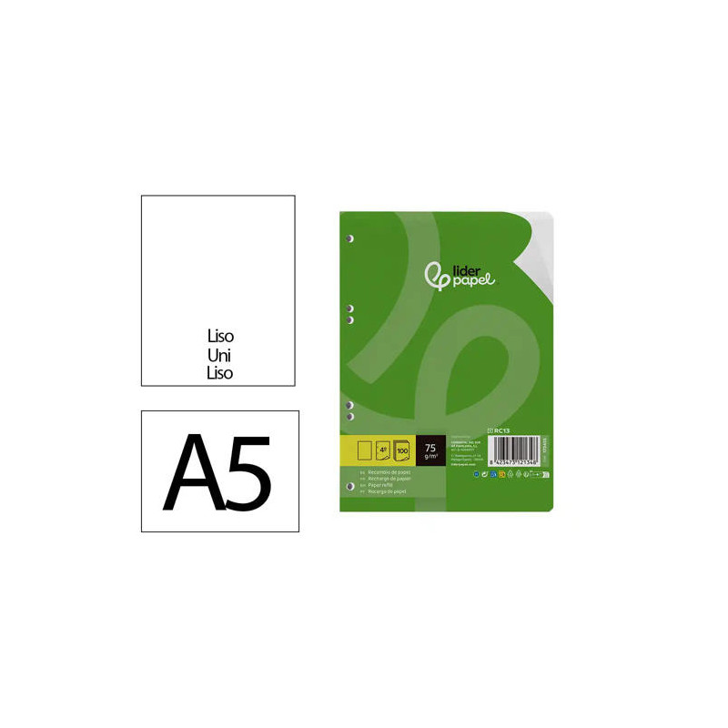 RECAMBIO LIDERPAPEL DIN A5 100 HOJAS 75 GR LISO SIN MARGEN 6 TALADROS