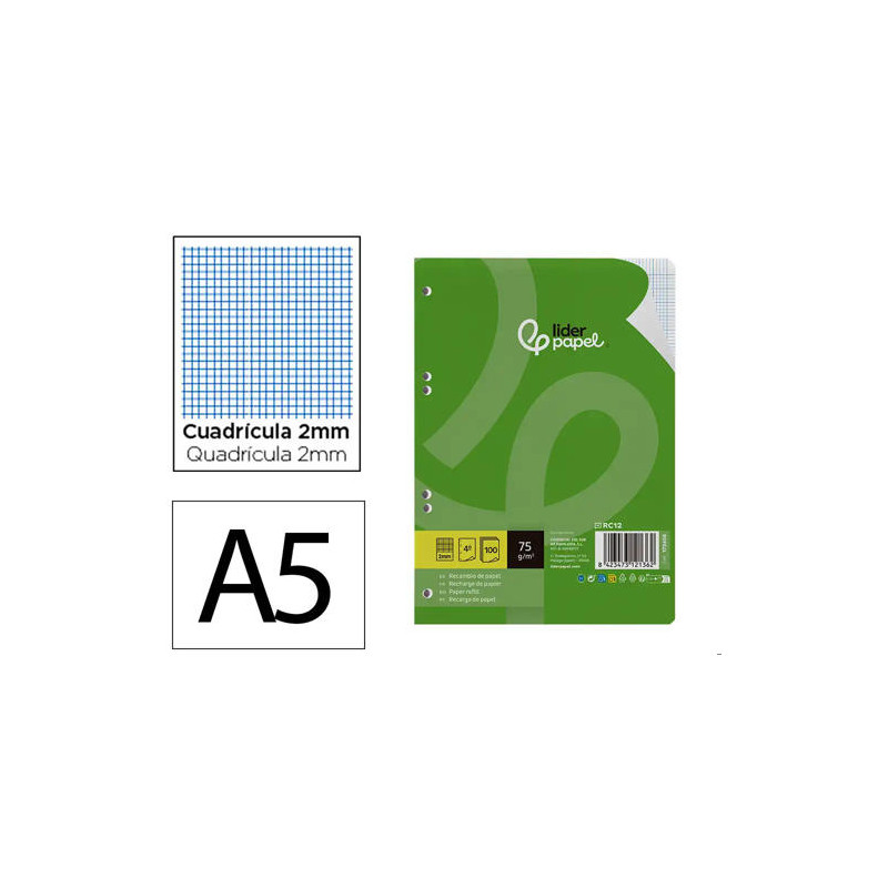 RECAMBIO LIDERPAPEL DIN A5 100 HOJAS 75 GR MILIMETRADO SIN MARGEN 6 TALADROS