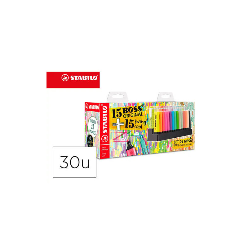 ROTULADOR STABILO FLUORESCENTE SET DE MESA 15 UNIDADES BOSS 70 + 15 UNIDADES SWING COOL COLORES SURT