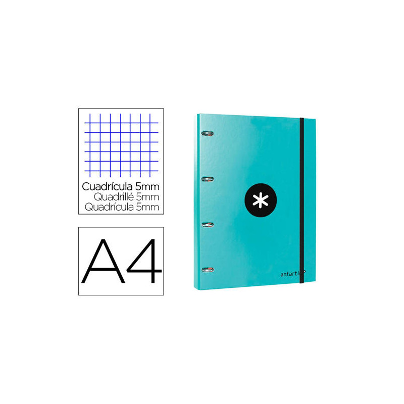 CARPETA CON RECAMBIO ANTARTIK A4 CUADRO 5MM FORRADA 4 ANILLAS 25MM REDONDAS COLOR MENTA