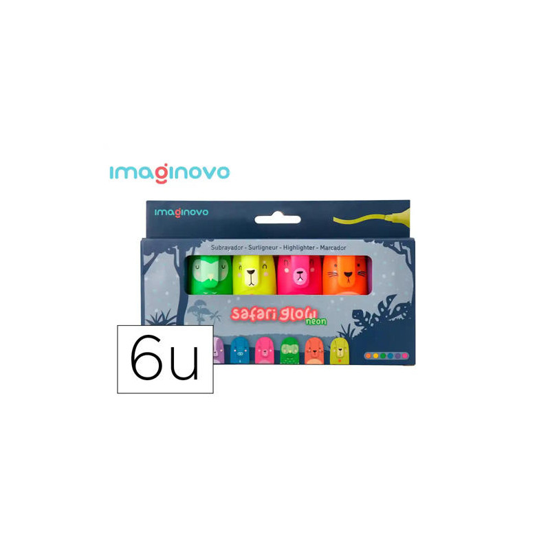 ROTULADOR IMAGINOVO FLUORESCENTE SAFARI GLOW NEON ANIMALES Y CLIP CAJA DE 6 UNIDADES SURTIDAS