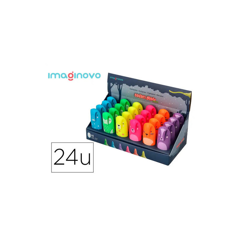 ROTULADOR IMAGINOVO FLUORESCENTE SAFARI GLOW NEON ANIMALES Y CLIP EXPOSITOR DE 24 UNIDADES SURTIDAS