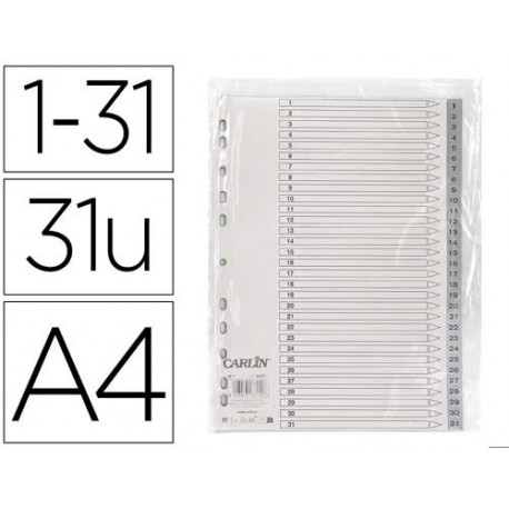 SEPARADOR NUMERICO CARLIN PLASTICO 1-31 JUEGO DE 31 SEPARADORES DIN A4 MULTITALADRO