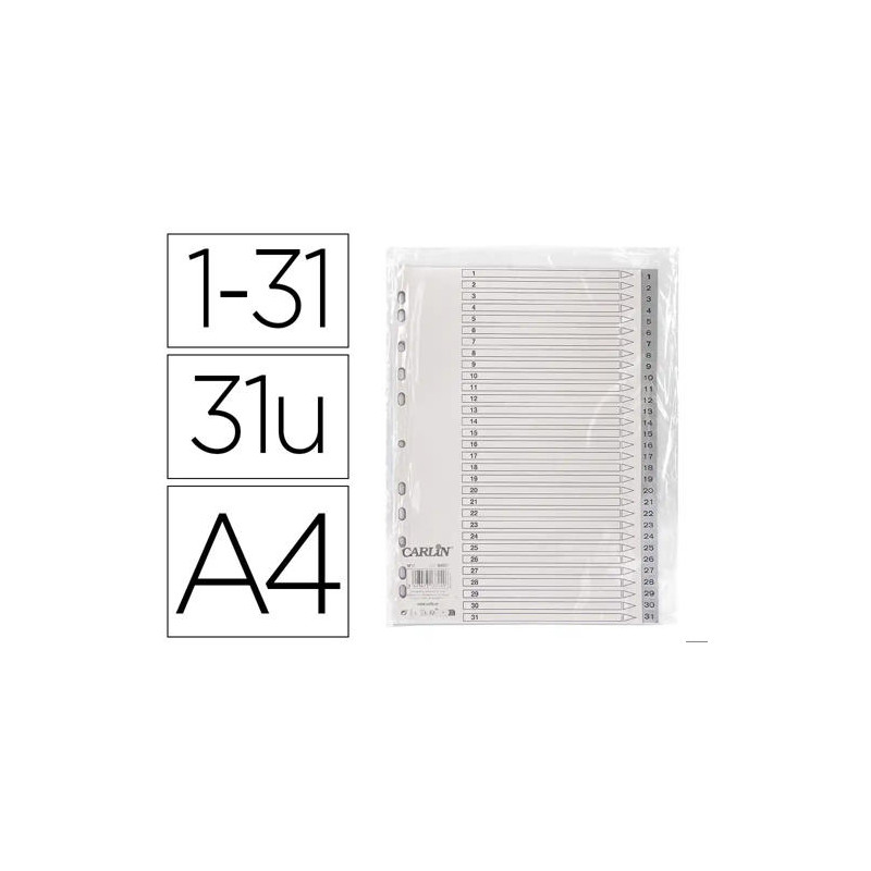 SEPARADOR NUMERICO CARLIN PLASTICO 1-31 JUEGO DE 31 SEPARADORES DIN A4 MULTITALADRO