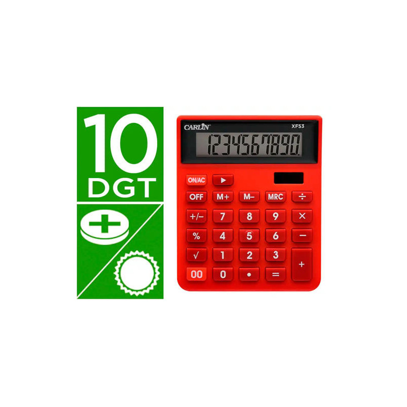 CALCULADORA CARLIN SOBREMESA 10 DIGITOS SOLAR Y PILAS COLOR ROJO 127X105X24 MM