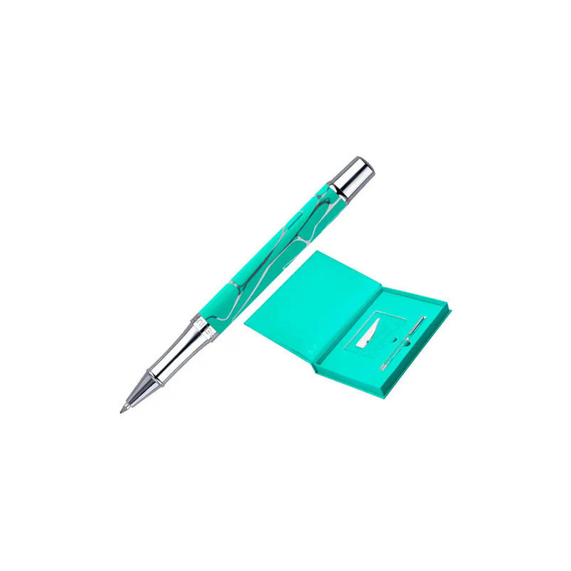 BOLIGRAFO Y WALLET BELIUS COCKTAILS MOJITO ALUMINIO VERDE PLATEADO RELIEVE TINTA COLOR AZUL CAJA DE 