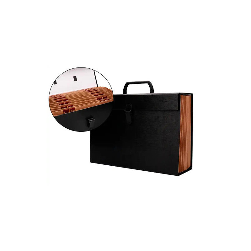 MALETIN LIDERPAPEL CON FUELLE Y ASA CARTON FORRADO 19 DEPARTAMENTOS 255X390X120 MM COLOR NEGRO