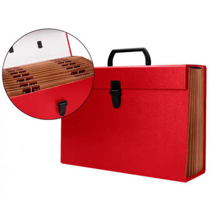 MALETIN LIDERPAPEL CON FUELLE Y ASA CARTON FORRADO 19 DEPARTAMENTOS 255X390X120 MM COLOR ROJO MALETIN LIDERPAPEL CON FUELLE Y ASA CARTON FORRADO 19 DEPARTAMENTOS 255X390X120 MM COLOR ROJO