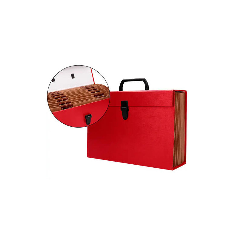 MALETIN LIDERPAPEL CON FUELLE Y ASA CARTON FORRADO 19 DEPARTAMENTOS 255X390X120 MM COLOR ROJO