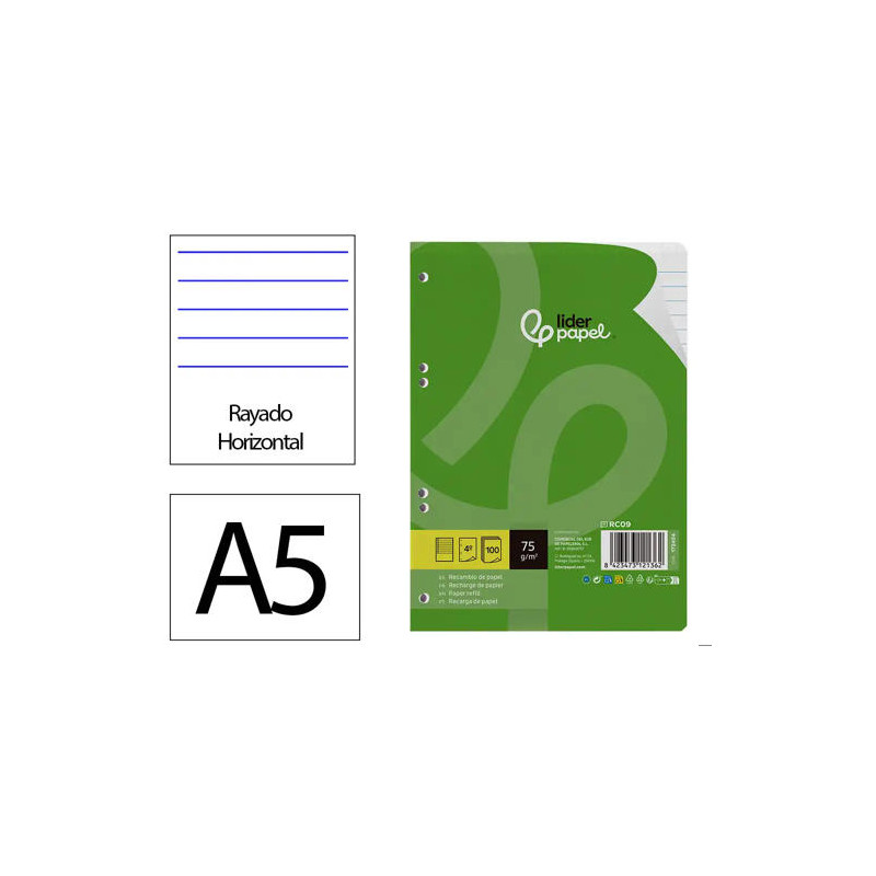 RECAMBIO LIDERPAPEL DIN A5 100 HOJAS 75 GR HORIZONTAL CON MARGEN 6 TALADROS