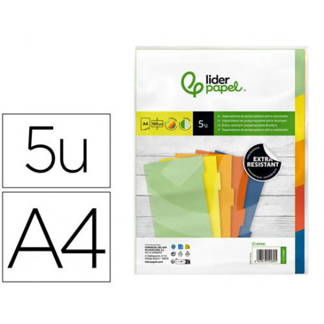 SEPARADOR LIDERPAPEL POLIPROPILENO JUEGO DE 5 SEPARADORES A4 MULTITALADRO 500 MICRAS SEPARADOR LIDERPAPEL POLIPROPILENO JUEGO DE 5 SEPARADORES A4 MULTITALADRO 500 MICRAS