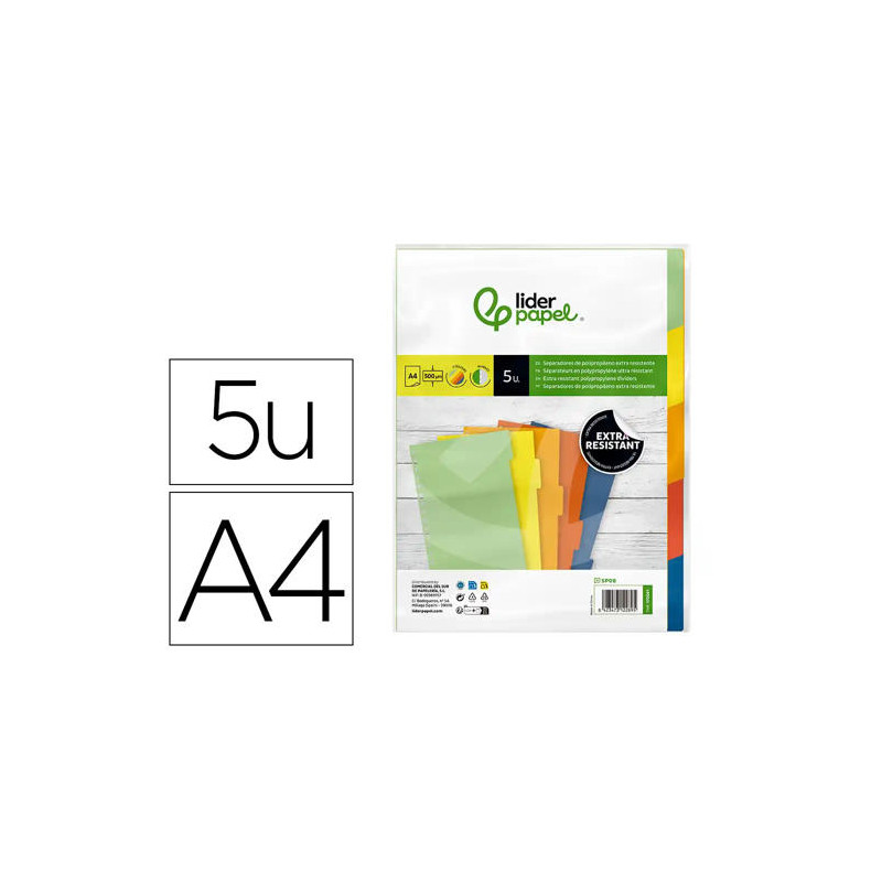 SEPARADOR LIDERPAPEL POLIPROPILENO JUEGO DE 5 SEPARADORES A4 MULTITALADRO 500 MICRAS SEPARADOR LIDERPAPEL POLIPROPILENO JUEGO DE 5 SEPARADORES A4 MULTITALADRO 500 MICRAS