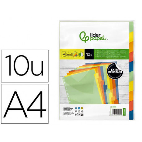 SEPARADOR LIDERPAPEL POLIPROPILENO JUEGO DE 10 SEPARADORES A4 MULTITALADRO 500 MICRAS