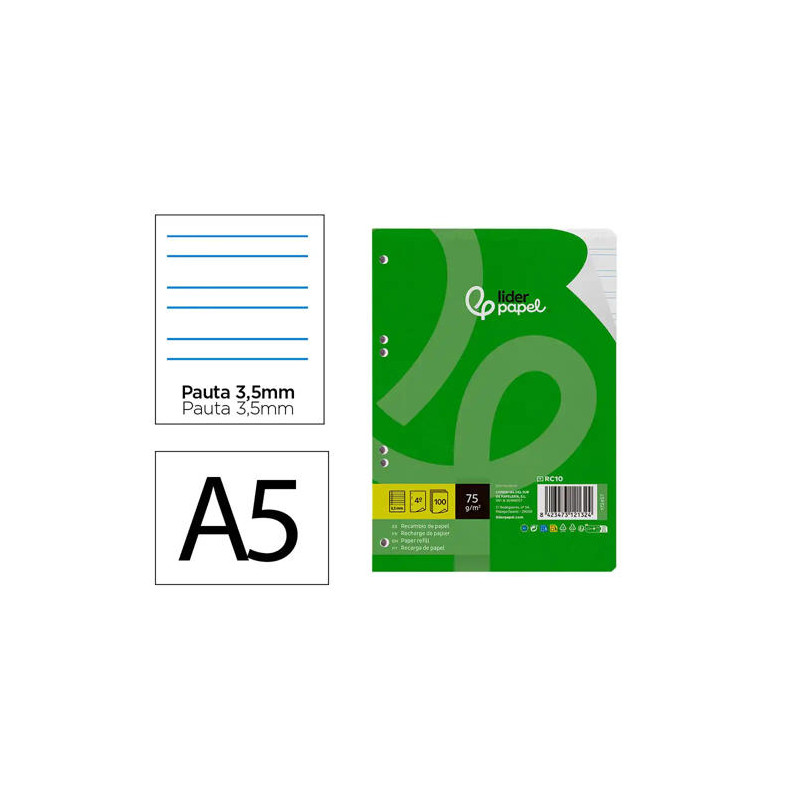 RECAMBIO LIDERPAPEL DIN A5 100 HOJAS 75 GR PAUTA 4 3.5MM CON MARGEN 6 TALADROS