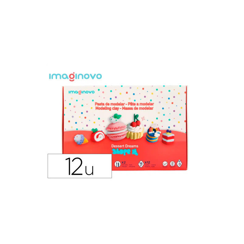 PASTA PARA MODELAR IMAGINOVO DE SECADO AL AIRE SET DE 12 COLORES SHAPE IT DESSERT DREAM HERRAMIENTAS