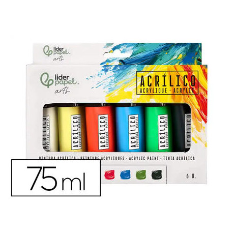 PINTURA ACRILICA LIDERPAPEL CAJA DE 6 TUBOS DE PLASTICO DE 75 ML COLORES BASICOS