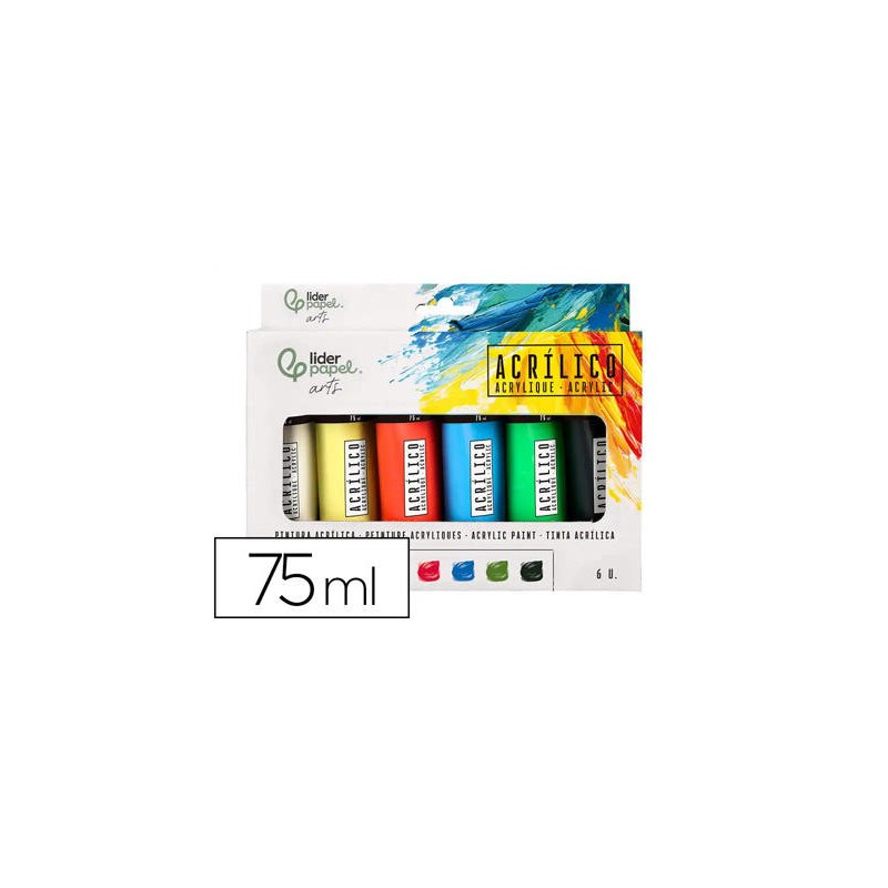PINTURA ACRILICA LIDERPAPEL CAJA DE 6 TUBOS DE PLASTICO DE 75 ML COLORES BASICOS