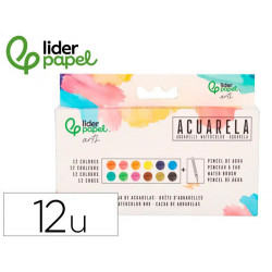 ACUARELA LIDERPAPEL 12 COLORES CON PINCEL DE AGUA RELLENABLE ESTUCHE DE PLASTICO