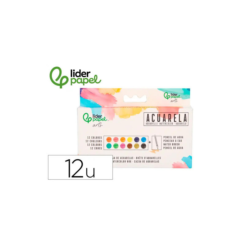 ACUARELA LIDERPAPEL 12 COLORES CON PINCEL DE AGUA RELLENABLE ESTUCHE DE PLASTICO