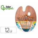 PINCELES SINTETICOS LIDERPAPEL PACK DE 12 UNIDADES CON PUNTASY TAMAÑOS SURTIDOS + PALETA DEMADERA
