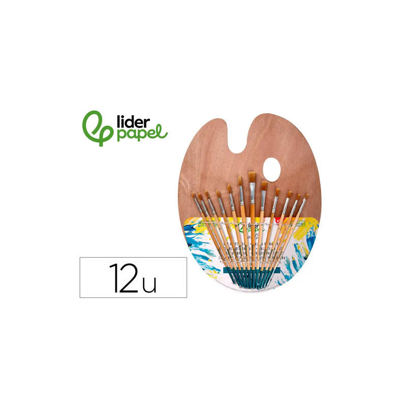 PINCELES SINTETICOS LIDERPAPEL PACK DE 12 UNIDADES CON PUNTASY TAMAÑOS SURTIDOS + PALETA DEMADERA