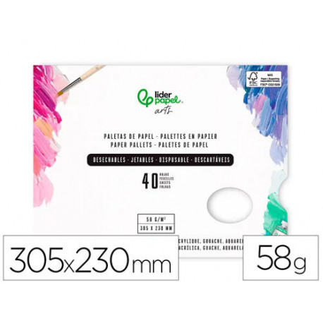 PALETAS DE PAPEL DESECHABLES LIDERPAPEL PARA PINTURA 40 HOJAS GRAMAJE 58G/M2 CON AGUJERO PARA PULGAR