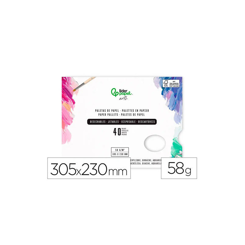 PALETAS DE PAPEL DESECHABLES LIDERPAPEL PARA PINTURA 40 HOJAS GRAMAJE 58G/M2 CON AGUJERO PARA PULGAR