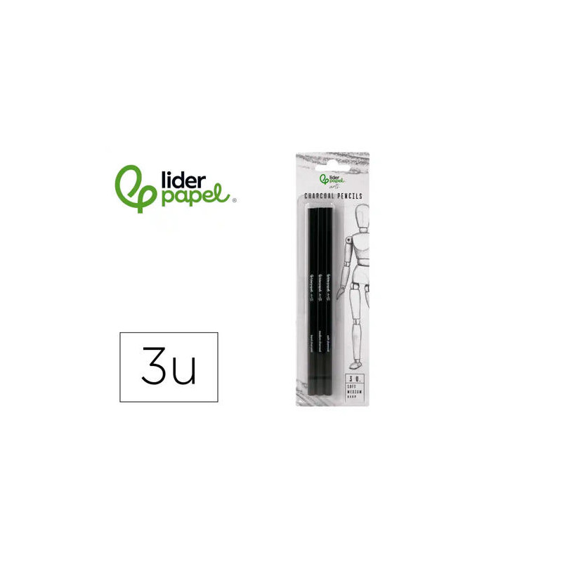 LAPICES DE CARBONCILLO PARA ESBOZOS LIDERPAPEL CAJA DE 3 UNIDADES CON DIFERENTES DUREZAS CERTIFICADO