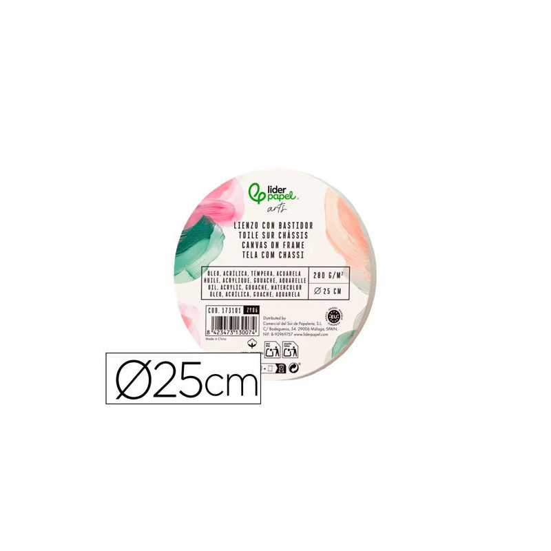 BASTIDOR REDONDO LIDERPAPEL LIENZO GRAPADO PARTE TRASERA ALGODON 100% BORDE MADERA 25 CM GRAMAJE 280