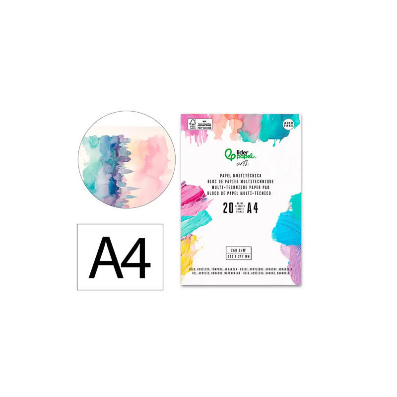 BLOC PAPEL MULTITECNICA LIDERPAPEL DIN A4 PARA ACRILICO OLEO Y GOUACHE 20 HOJAS GRAMAJE 260G/M2