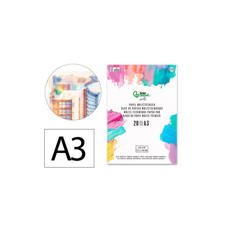 BLOC PAPEL MULTITECNICA LIDERPAPEL DIN A3 PARA ACRILICO OLEO Y GOUACHE 20 HOJAS GRAMAJE 260G/M2