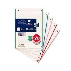 RECAMBIO OXFORD DIN A4 100 HOJAS + 20 HOJAS GRATIS 90GR HORIZONTAL 4 TALADROS CON BANDA COLORES PAST