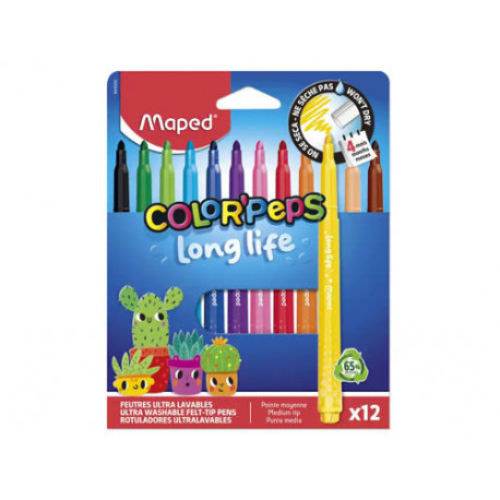 ROTULADOR MAPED COLOR PEPS LONG LIFE LAVABLE PUNTA MEDIA CAJA DE 12 UNIDADES COLORES SURTIDOS