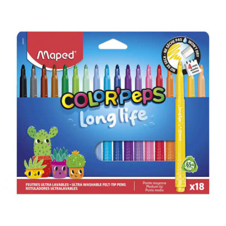 ROTULADOR MAPED COLOR PEPS LONG LIFE LAVABLE PUNTA MEDIA CAJA DE 18 UNIDADES COLORES SURTIDOS