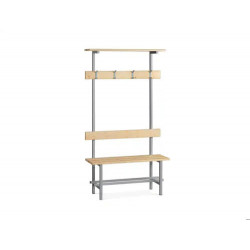 BANCO DE MADERA CON ZAPATERO Y PERCHERO SUPERIOR ESTRUCTURA ACERO Y LISTONES DE PINO BARNIZADOS 1500