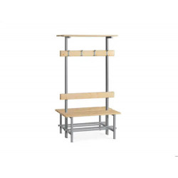 BANCO DE MADERA DOBLE CON ZAPATERO Y PERCHERO SUPERIOR ESTRUCTURA ACERO Y LISTONES DE PINO BARNIZADO